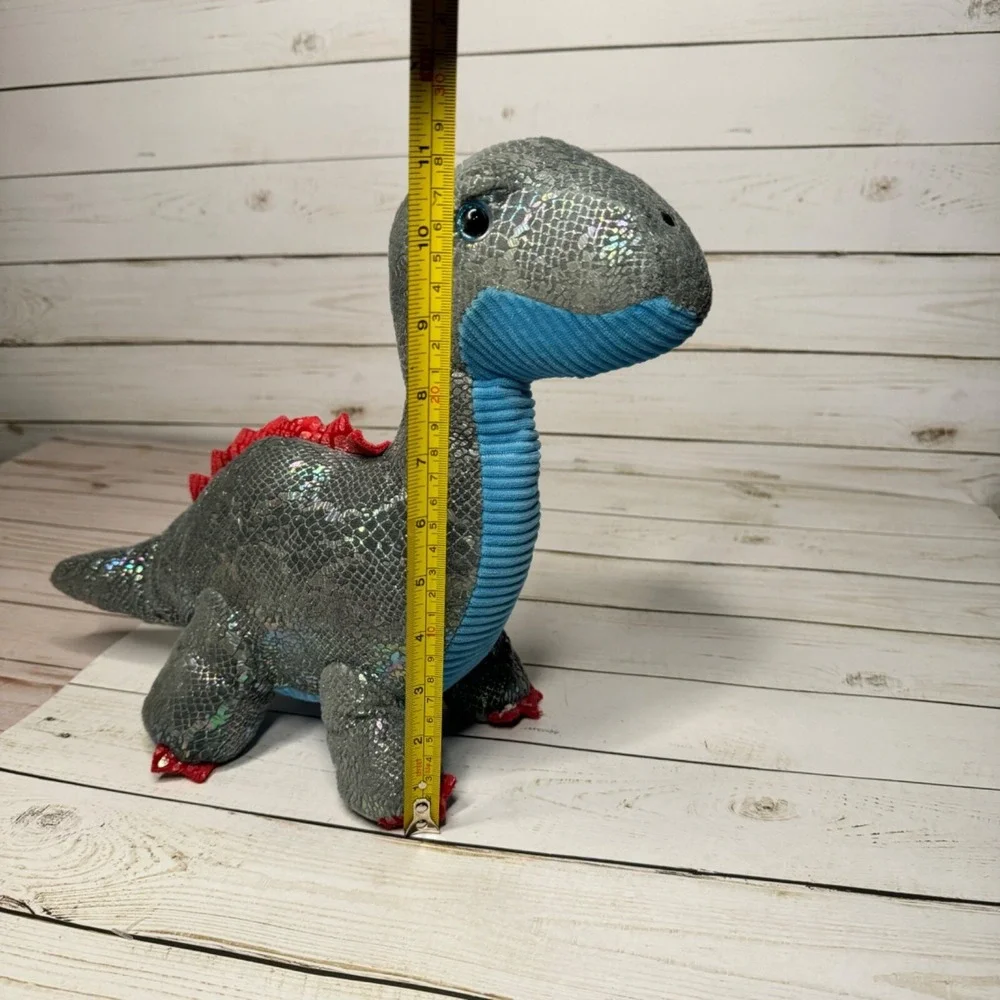 Metallic Sparkly Brontosaurus Dinosaur Plush Toy With Blue Belly & Red Spikes